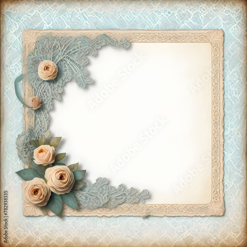 vintage frame with roses and lace on blue background