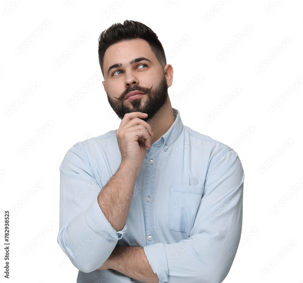 Portrait of young man with mustache on white background Portrait of young man with mustache on white background