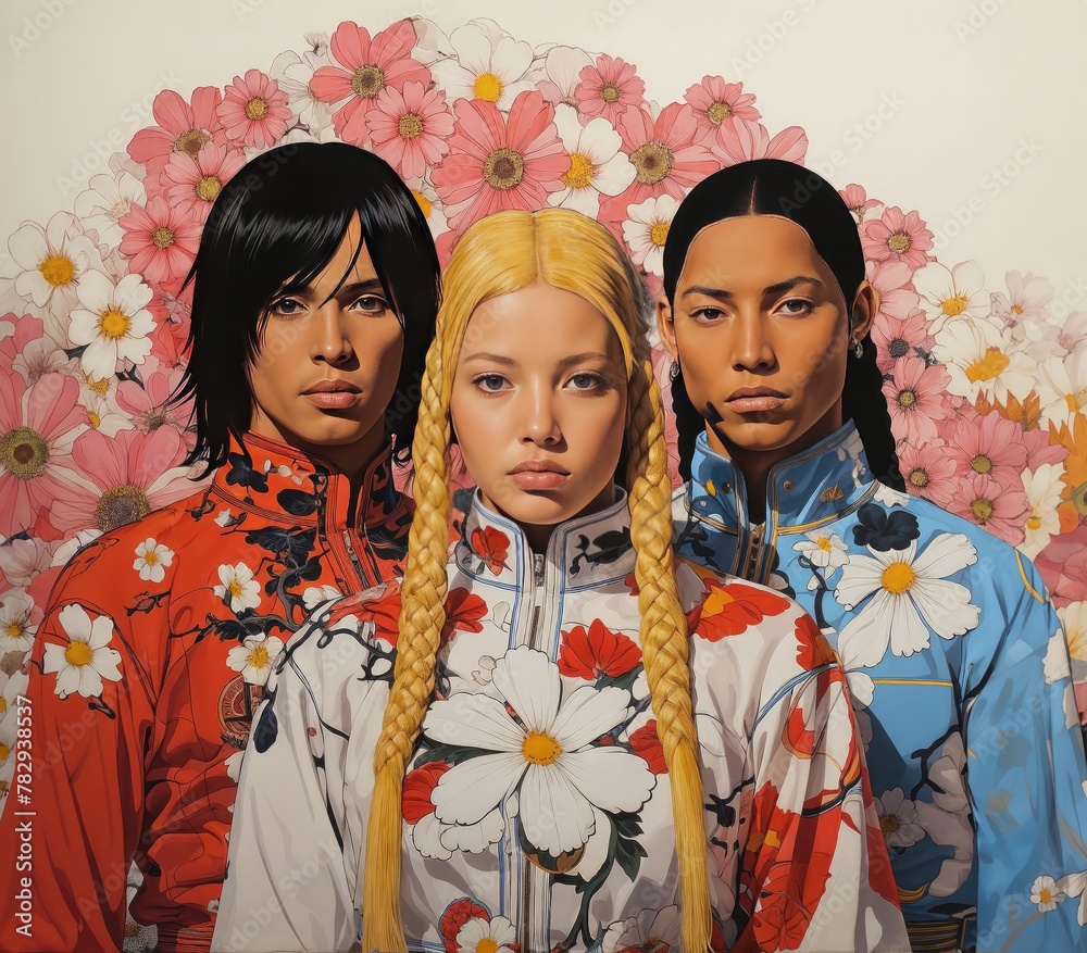 AI illustration generatoed of three people from different races wearing Asian-inspired clothes