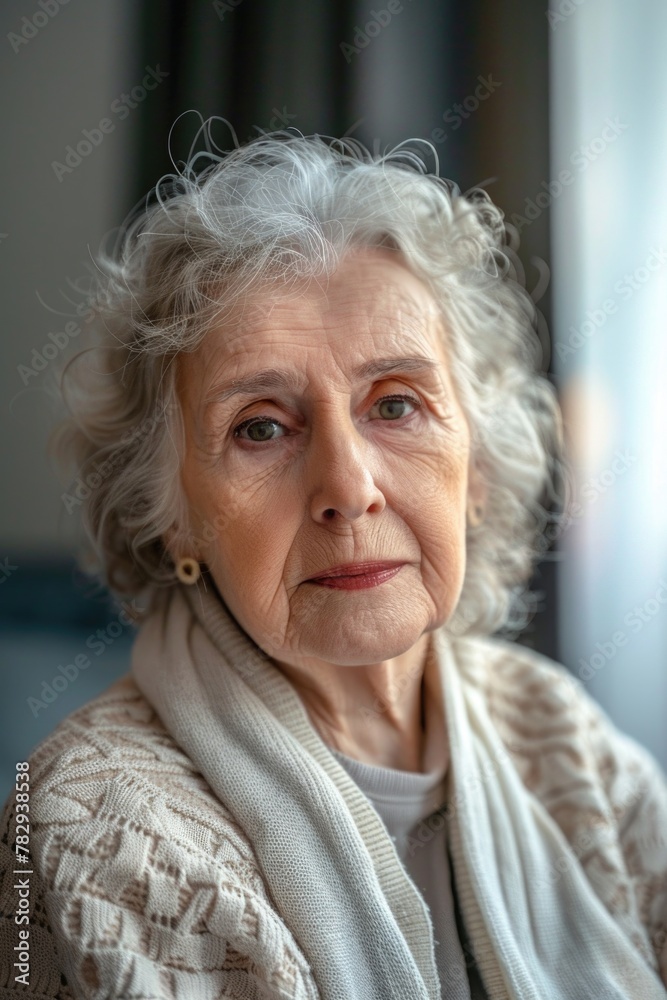 A portrait of an older woman with white hair wearing a scarf. Suitable for lifestyle and senior health concepts