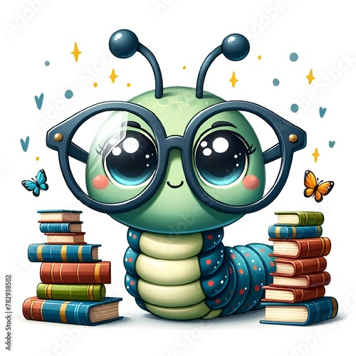 cartoon bookworm reading and reading books, with glasses on photo