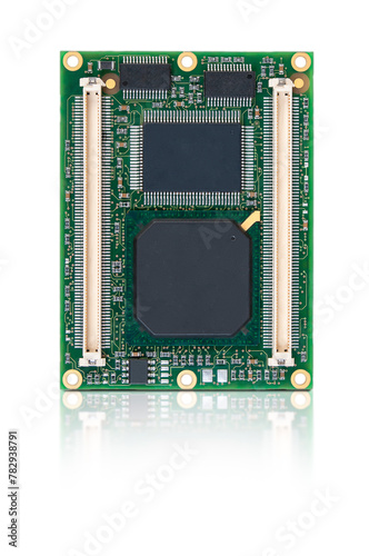 Close-up of an embedded CPU module with integrated chips and connectors, isolated on a white background with reflection.
