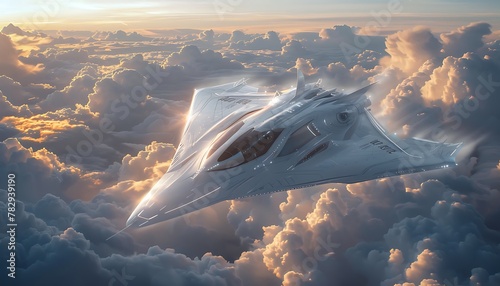 Digital illustration Futuristic aircraft speeds through clouds with streamlined design, highlighting sleek curves & aerodynamics for efficiency photo