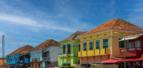 Colorful streets with colonial era houses around the market in São Tomé, São Tomé and Principe (STP), Central Africa