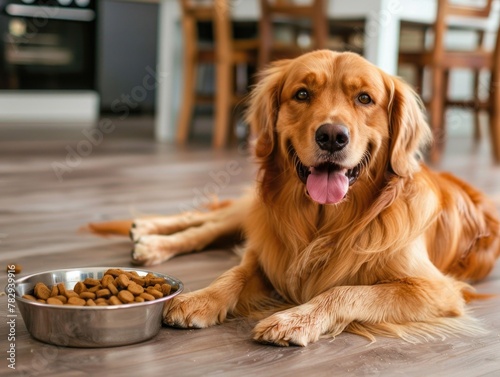 a golden retriever lays next to a bowl of dog food