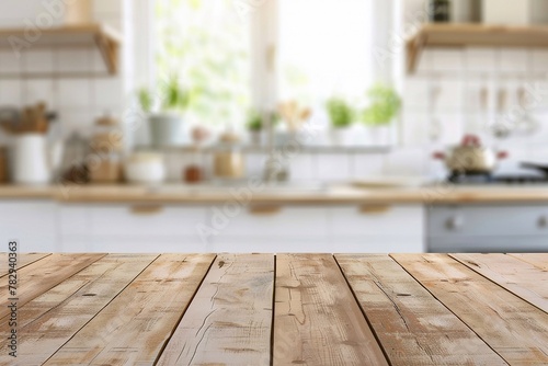 Wooden table mockup on kitchen blurred background for product display.