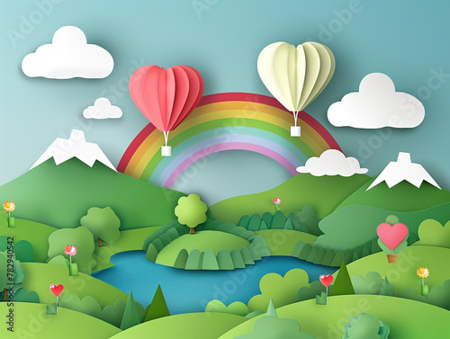 Abstract of nature landscape view scene with cloud, pond, rainbow and heart shape hot air balloons float up on sky