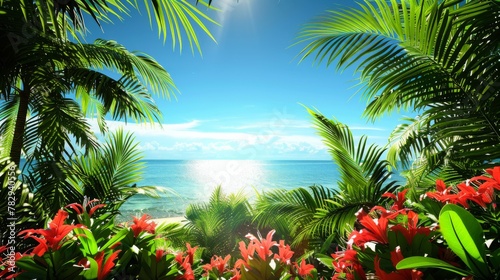 Tropical Paradise Beach with Lush Greenery and Bright Flowers