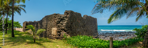 Fort ruins on a paradisiacal beach in São Tomé, São Tomé and Principe (STP), Central Africa
