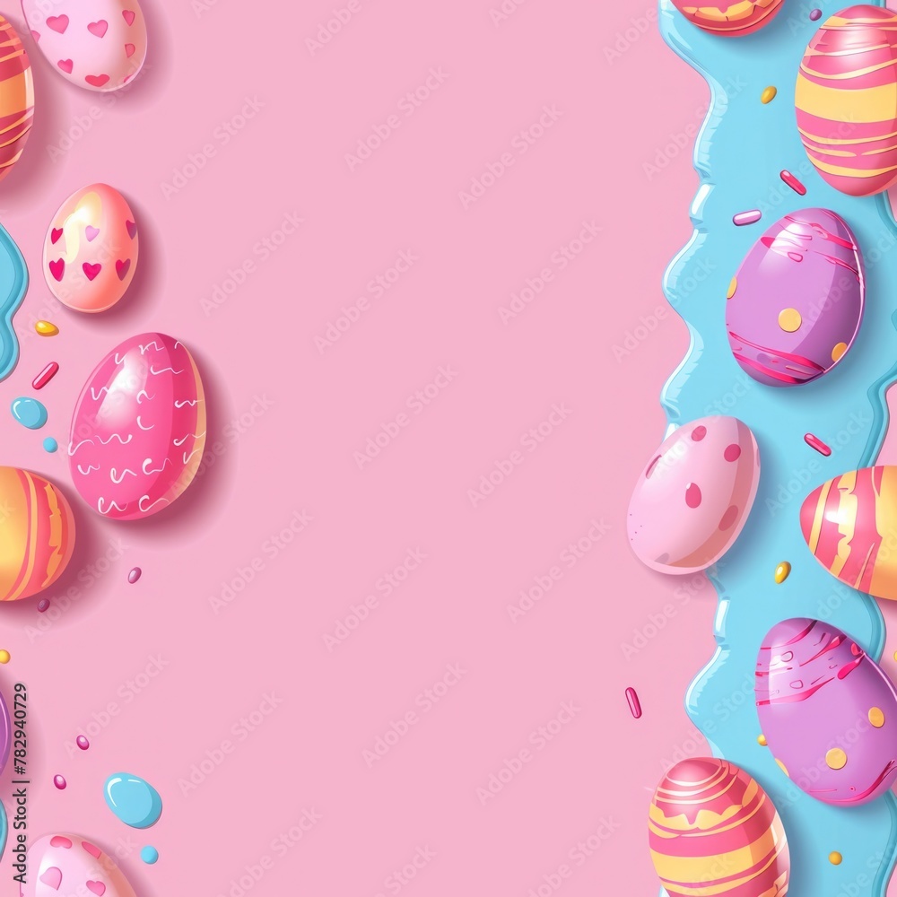 A festive pink background with colorful Easter eggs and confetti sprinkles. Perfect for Easter celebrations or spring events