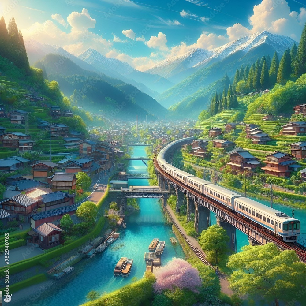 AI generated illustration of a train crossing bridge by mountain river near village - obrazy, fototapety, plakaty 