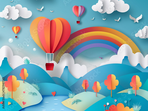 Abstract of nature landscape view scene with cloud  pond  rainbow and heart shape hot air balloons float up on sky