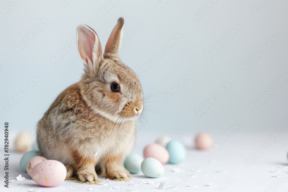 Cute rabbit sitting next to a pile of colorful Easter eggs. Perfect for Easter themed designs