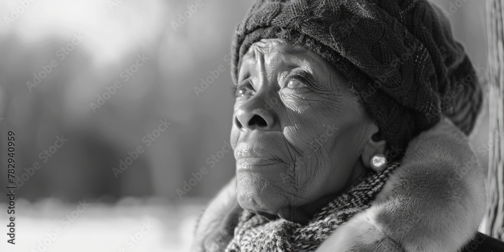 An old woman wearing a hat and scarf, suitable for lifestyle and fashion concepts