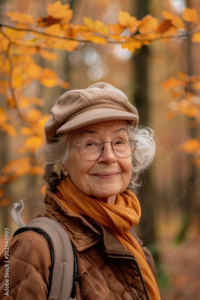 Portrait of an older woman wearing a stylish hat and glasses. Perfect for fashion or lifestyle concepts