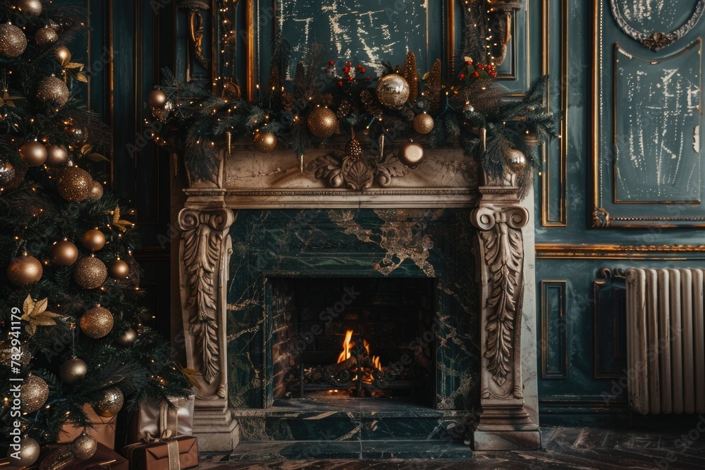 Warm fireplace in a room with a festive Christmas tree. Perfect for holiday season decorations
