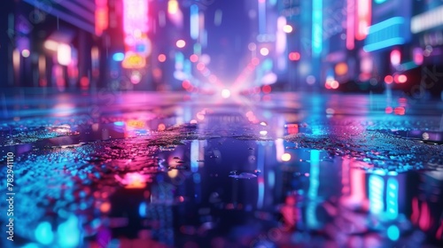 Rendering of neon megacity with reflections from puddles on street heading to buildings. Concept for night life, CBD, cyber punk theme, tech background.