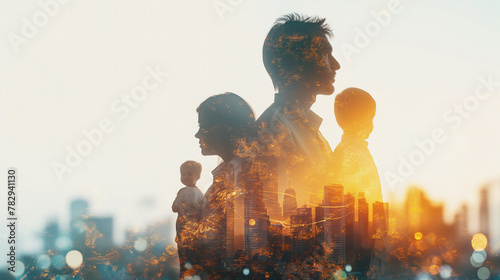 Within the area with a white background, the Double Exposure of the person, family, woman reflects a joyful expression. A livable world happy concept.