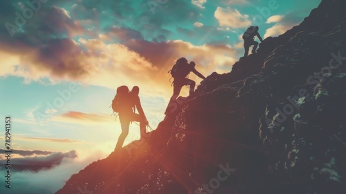 silhouette of Teamwork of three hiker helping each other on top of mountain climbing team. photo