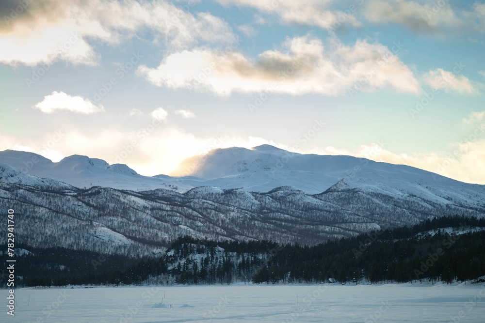 Winter mountainous landscape in Hallbacken, Laisvall, Sweden