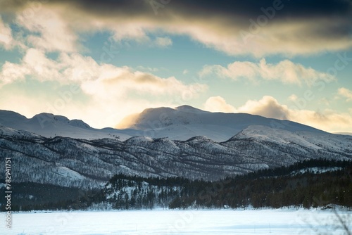 Photography Beautiful view snowy mountains with trees at sunset in Sweden
