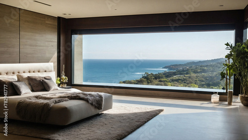 a large bed sitting next to a big window overlooking a large body of water © Wirestock