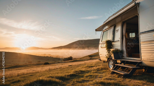 AI-generated illustration of Camping trailer at sunset with a foggy background
