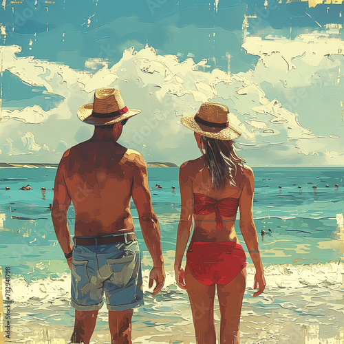 Summer holiday, young couple enjoy a summer holiday on the sunny strand lapped by blue waves , oil painted illustration