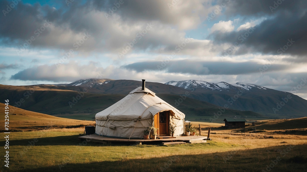 AI-generated illustration of a Yurt on a grass field under a cloudy sky