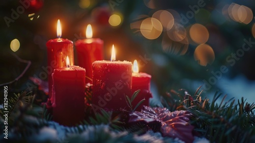 Group of red candles on snow, perfect for winter-themed designs