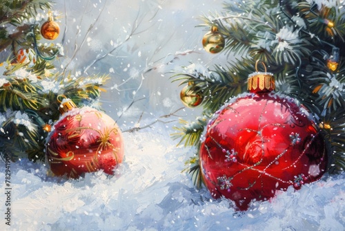 Festive holiday decorations in snowy winter scene. Suitable for Christmas themed projects