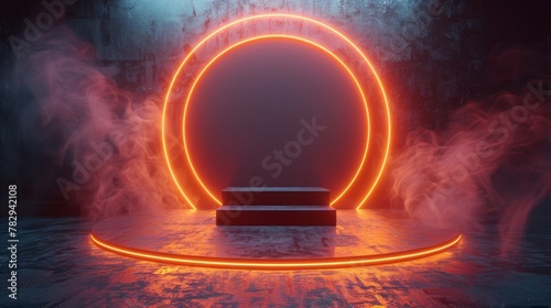 An abstract background with light and a glowing podium. Futuristic hi-tech concept for Black Friday. Iconographic 3D rendering. photo