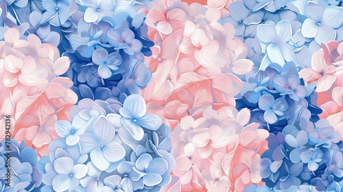 drypoint of seamless pattern color of Hydrangea is light blue,dark blue,white and pink photo