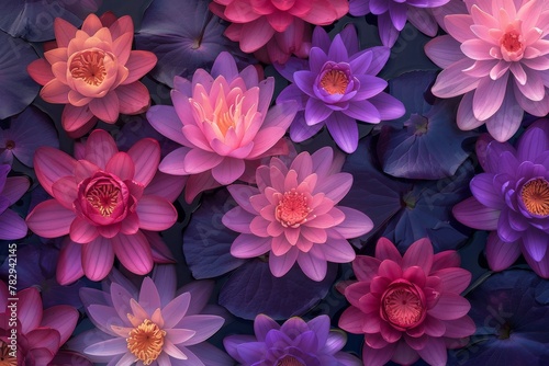 Editorial photography inspired seamless pattern of lotus flowers, focusing on the vibrant pink and purple hues, embodying the essence of nature © THINNAKORN