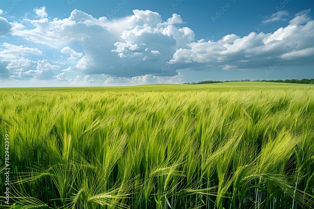 Lush Green Wheat Field Under a Bright Blue Sky with White Clouds