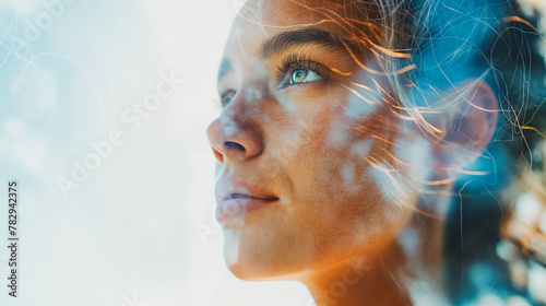 Within the area with a white background, the Double Exposure of the person, family, woman reflects a joyful expression. A livable world happy concept. photo