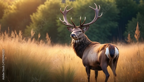  majestic stag standing amidst tall, wild grasses photo