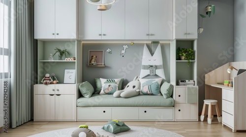 A modern and minimalist style bedroom, white cabinet door with light green pastel color bed linen, children's illustration design on the head of the soft sofa. © Mentari