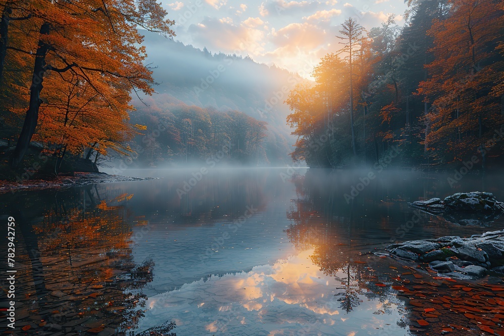 Beautiful autumn landscape with a foggy forest and a mirror lake in the mountains at dawn, golden foliage. Foggy, morning nature. Charming autumn scene. The beauty of nature Travel and recreation