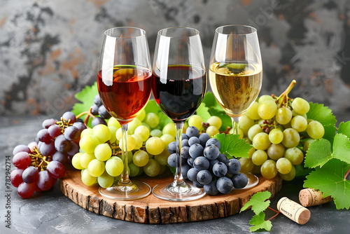 Still life of wine tasting selection with red, rosé and white wine in glasses surrounded by fresh grapes on wood desk agains dark stone backdrop
