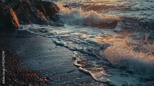 A wave rolling in on a beach at sunset. Suitable for travel or nature concepts