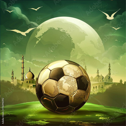 a soccer ball set on a nice background with Eid theme for Eid Mubarak wishes photo