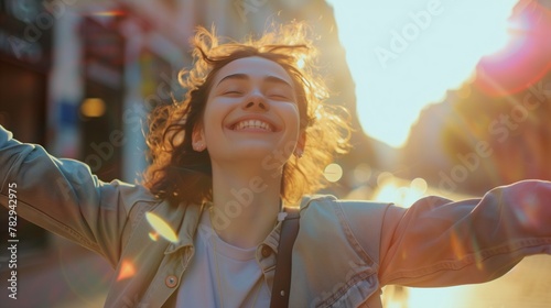 person is happy, full of joy, grateful for being alive with arms wide open and a great smile photo