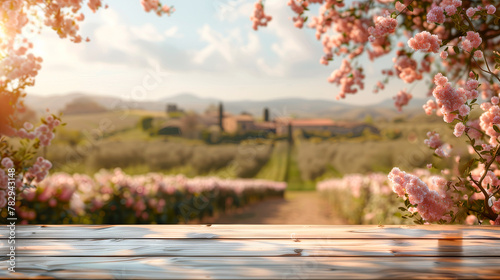wooden podium in the foreground, Italian blurred landscape with blossoming almond trees in the background