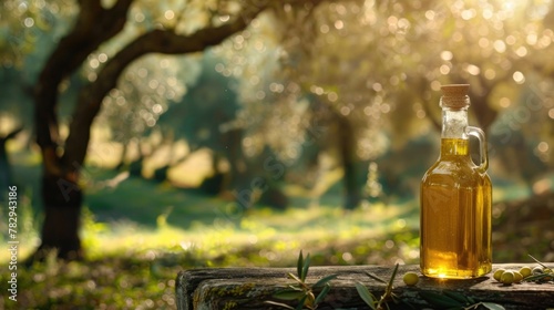 A bottle of olive oil sitting on a tree stump. Suitable for food and cooking concepts