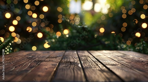 A wooden table with lights in the background. Perfect for adding a cozy ambiance to any design project