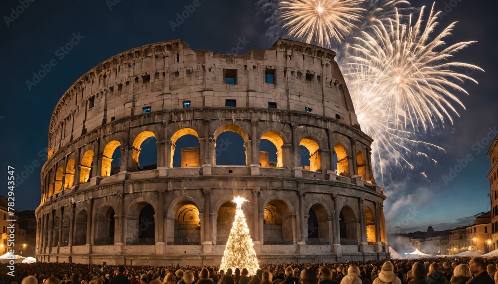 fireworks lights up the sky above the coliseum in rome with christmas trees in front