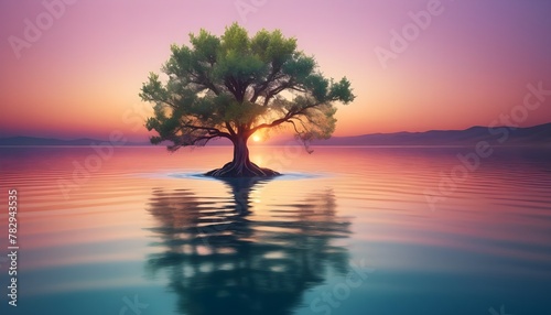  serene Photo of lone tree standing partially submerged in calm body of water, with the gradient hues of sunset or sunrise reflecting on the water surface