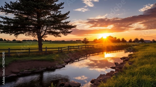 Tranquil farm pond at sunset
