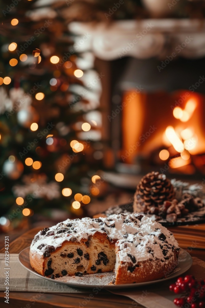 Obraz premium Festive Christmas cake next to a decorated tree, perfect for holiday celebrations